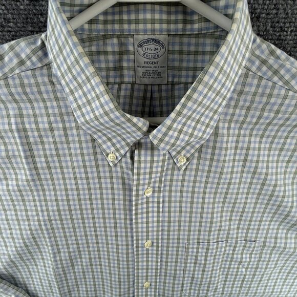 Brooks Brothers Blue Green Check Regent Button-Down Cotton Non-Iron 17.5 34 Mens - Picture 1 of 16